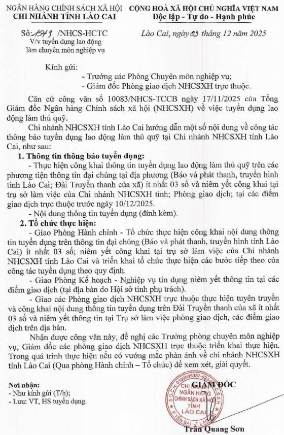 Chi nhánh NHCSXH tỉnh Lào Cai tuyển dụng lao động