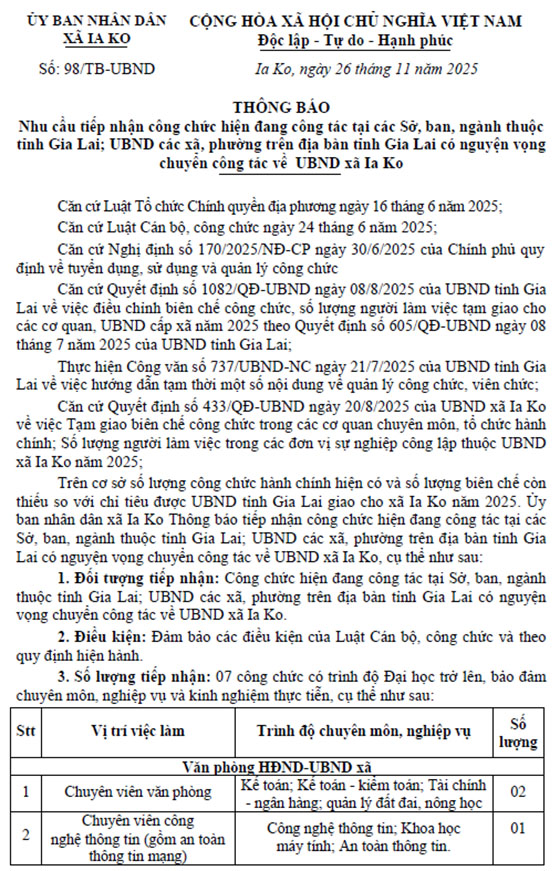 UBND xã la Ko, Gia Lai tiếp nhận công chức năm 2025