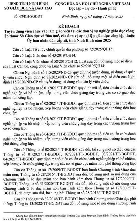 Sở GD&ĐT tỉnh Ninh Bình tuyển dụng viên chức năm 2025