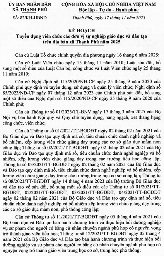 UBND xã Thạnh Phú, Đồng Tháp tuyển dụng viên chức sự nghiệp GD&ĐT năm 2025