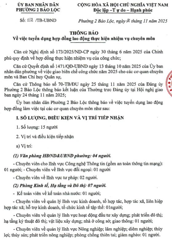 UBND Phường 2 Bảo Lộc, Lâm Đồng tuyển dụng lao động hợp đồng