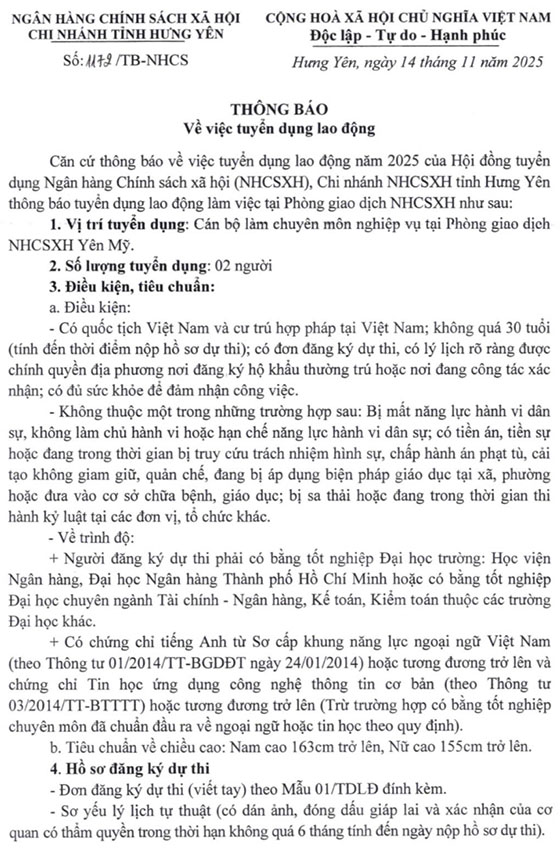 Chi nhánh Ngân hàng Chính sách Xã hội tỉnh Hưng Yên tuyển dụng lao động