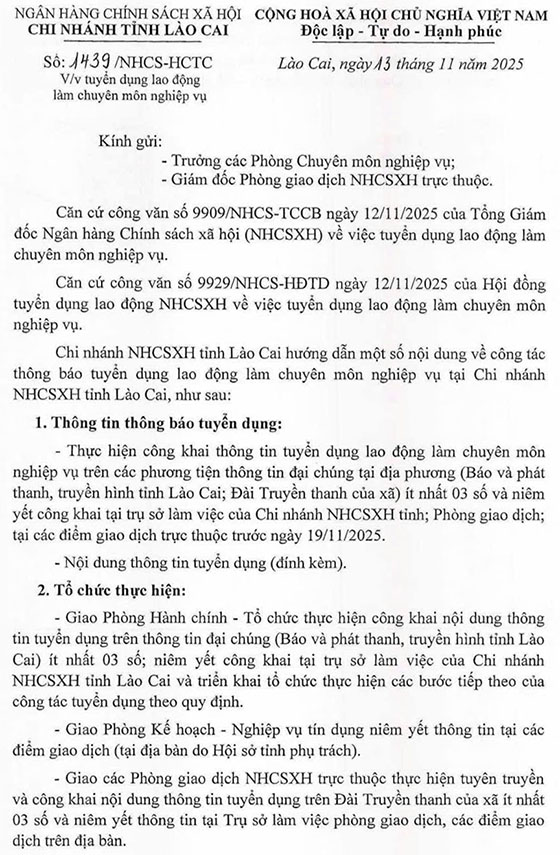 Chi Nhánh Ngân hàng Chính sách Xã hội tỉnh Lào Cai tuyển dụng lao động