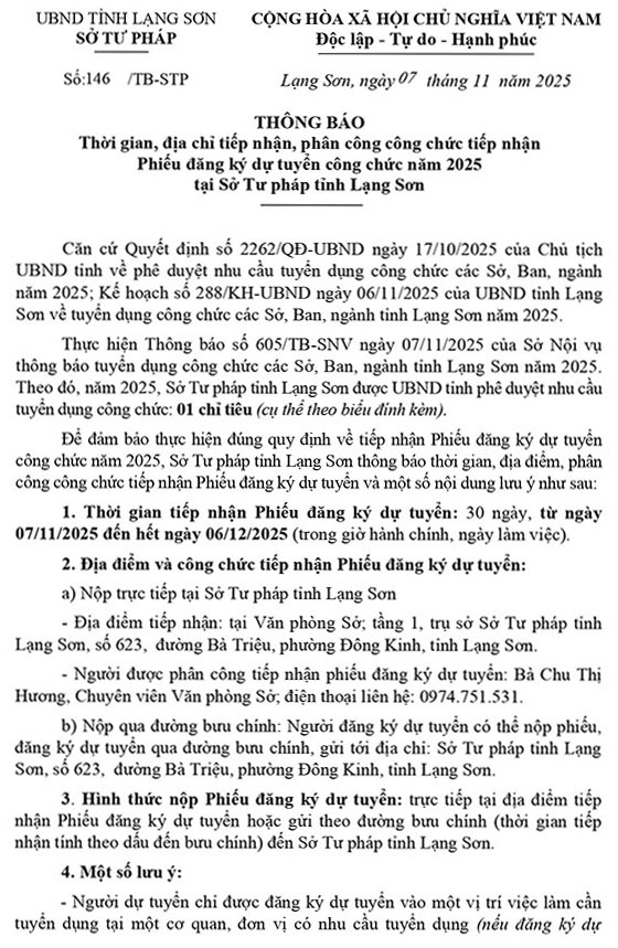 Sở Tư pháp tỉnh Lạng Sơn tuyển dụng công chức năm 2025