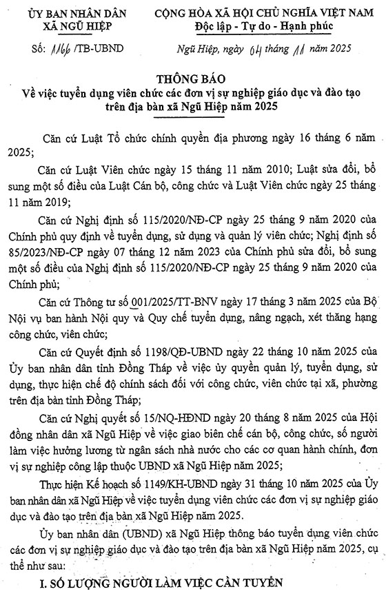 UBND xã Ngũ Hiệp, Đồng Tháp tuyển dụng viên chức các đơn vị sự nghiệp GD&ĐT năm 2025