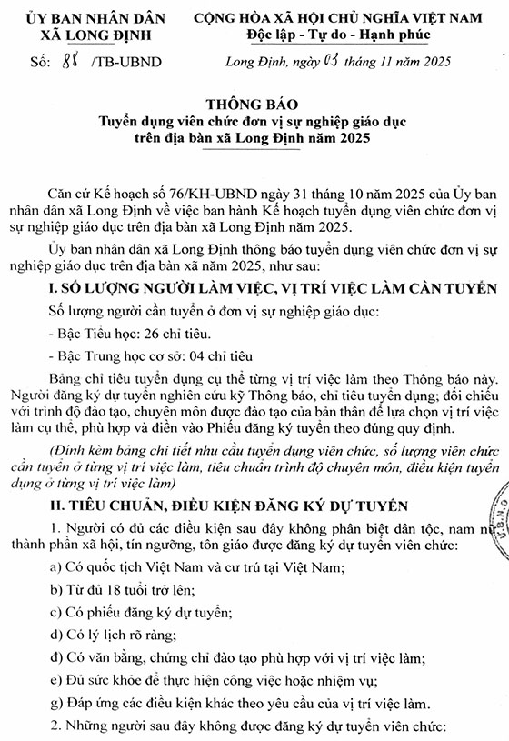 UBND xã Long Định, Đồng Tháp tuyển dụng viên chức năm 2025