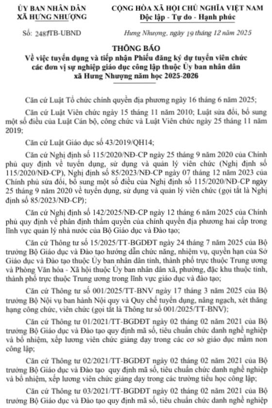 UBND xã Hưng Nhượng, Vĩnh Long tuyển dụng viên chức các đơn vị sự nghiệp giáo dục năm học 2025- 2026