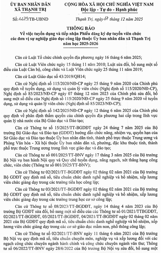 UBND xã Thạnh Trị, Vĩnh Long tuyển dụng viên chức các đơn vị sự nghiệp giáo dục năm học 2025 – 2026