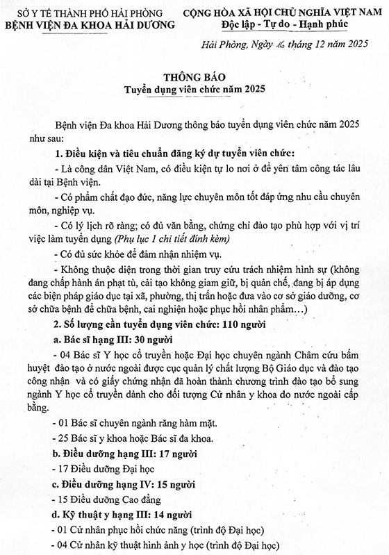 Bệnh viện Đa khoa Hải Dương tuyển dụng viên chức năm 2025