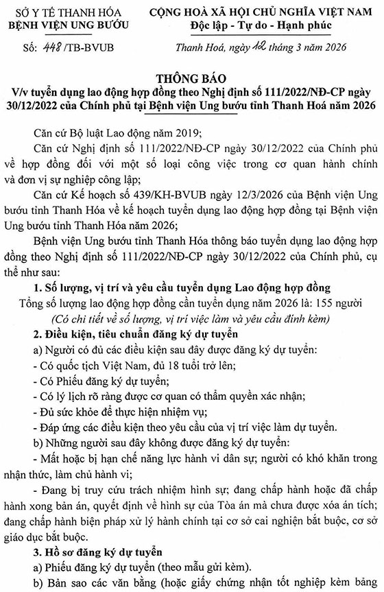 Bệnh viện Ung bướu tỉnh Thanh Hóa tuyển dụng lao động hợp đồng