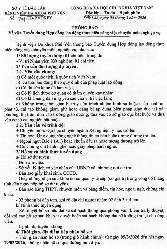 Bệnh viện Đa khoa Phú Yên, Đắk Lắk tuyển dụng HĐLĐ vị trí nhân viên xét nghiệm