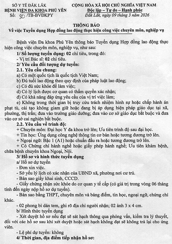 Bệnh viện Đa khoa Phú Yên, Đắk Lắk tuyển dụng Hợp đồng lao động