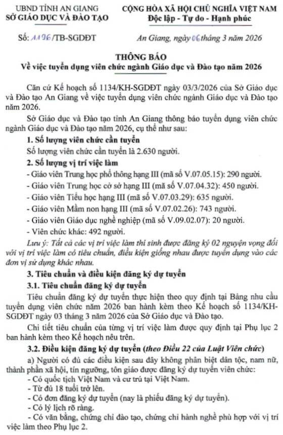 Sở GD&ĐT tỉnh An Giang tuyển dụng viên chức năm 2026