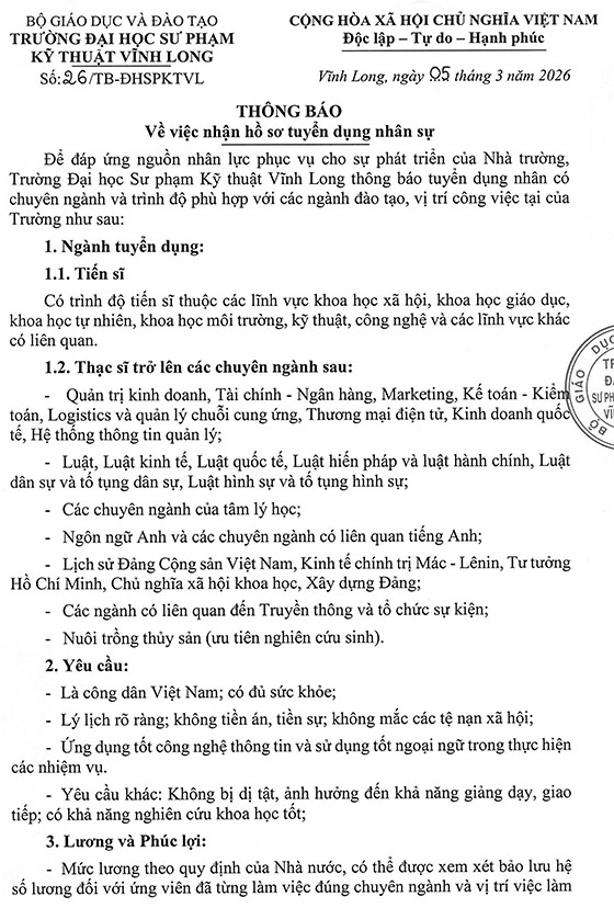 Trường Đại học Sư phạm Kỹ thuật Vĩnh Long tuyển dụng nhân viên