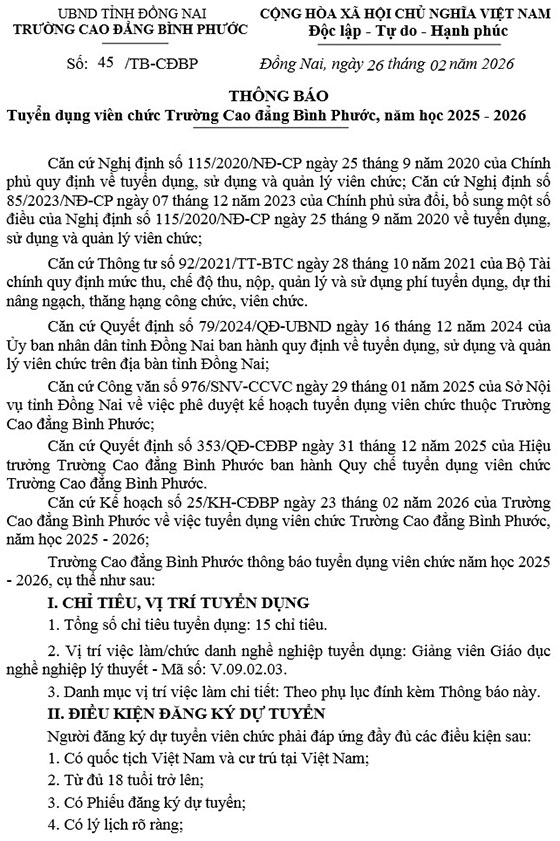 Trường Cao đẳng Bình Phước, Đồng Nai tuyển dụng viên chức năm học 2025 – 2026