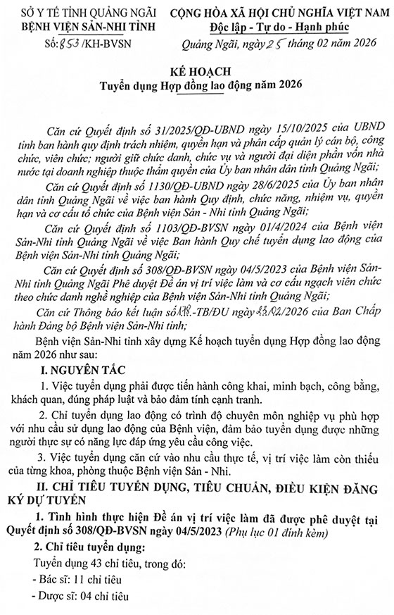 Bệnh viện Sản-Nhi Quảng Ngãi tuyển dụng Hợp đồng lao động đợt 01 năm 2026