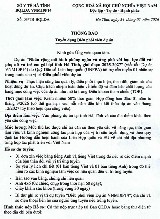 Ban QLDA VNM10P14, Sở Y tế Hà Tĩnh tuyển dụng Điều phối viên dự án