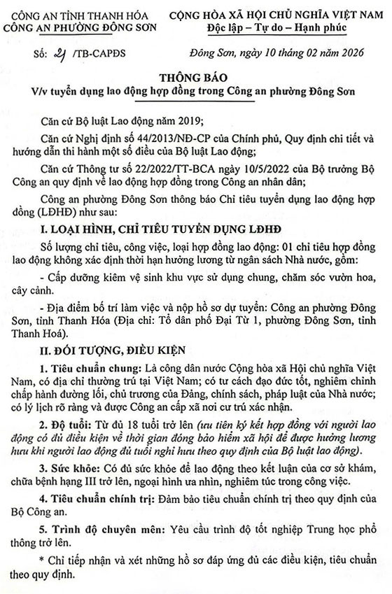 Công an phường Đông Sơn, Thanh Hóa tuyển dụng lao động hợp đồng