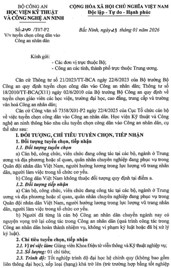 Học viện Kỹ thuật và Công nghệ an ninh tuyển chọn công dân vào Công an nhân dân