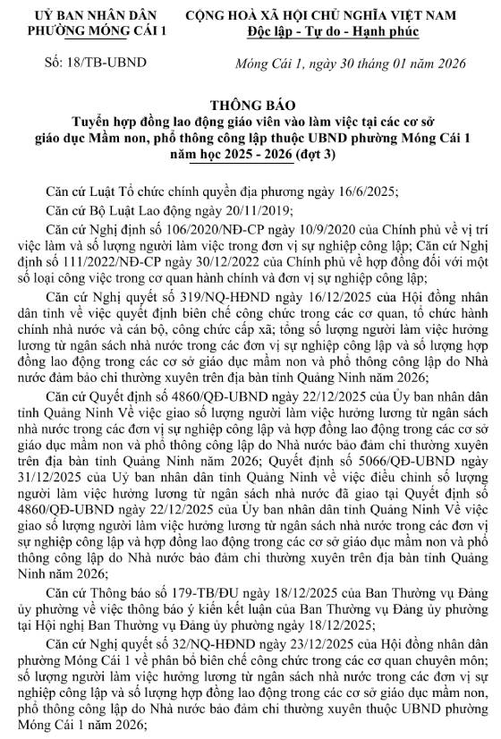 UBND phường Móng Cái 1, Quảng Ninh tuyển dụng HĐLĐ giáo viên năm học 2025 – 2026 (đợt 3)