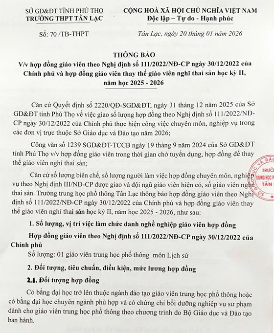 Trường THPT Tân Lạc, Phú Thọ tuyển dụng giáo viên hợp đồng