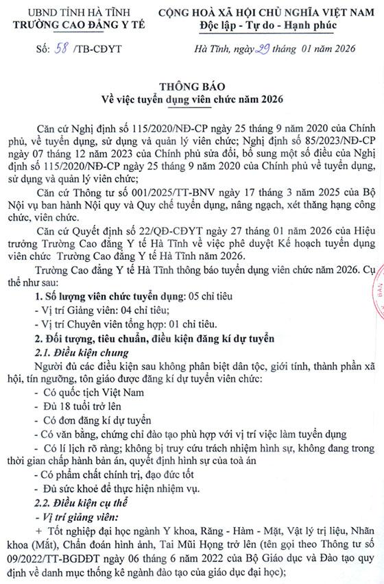 Trường Cao đẳng Y tế Hà Tĩnh tuyển dụng viên chức năm 2026