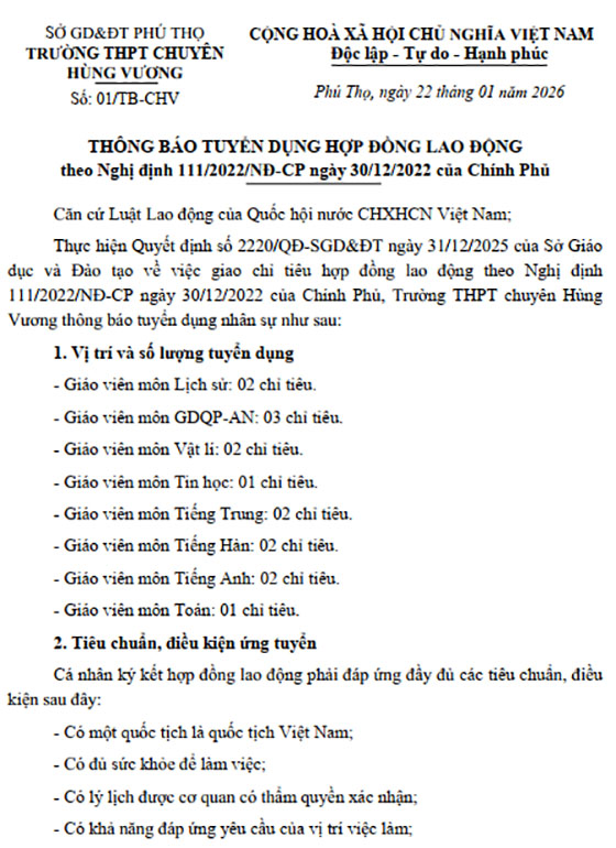 Trường THPT chuyên Hùng Vương, Phú Thọ tuyển dụng nhân sự