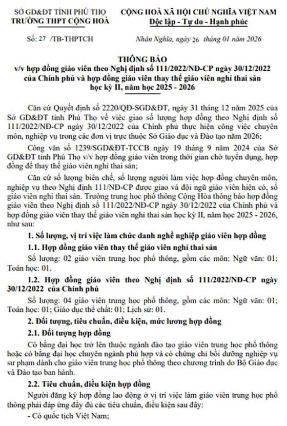Trường THPT Cộng Hòa, Phú Thọ tuyển dụng hợp đồng giáo viên
