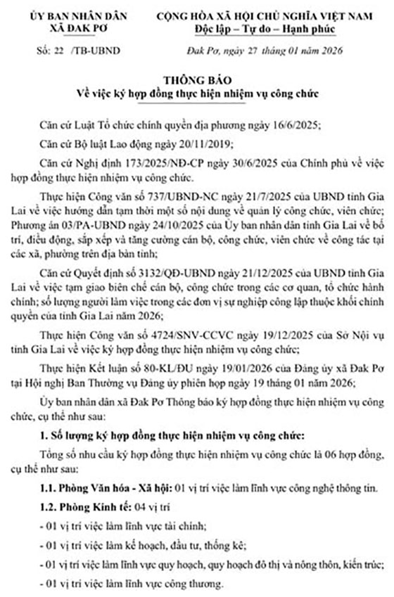 UBND xã Đak Pơ, Gia Lai thông báo ký hợp đồng thực hiện nhiệm vụ công chức