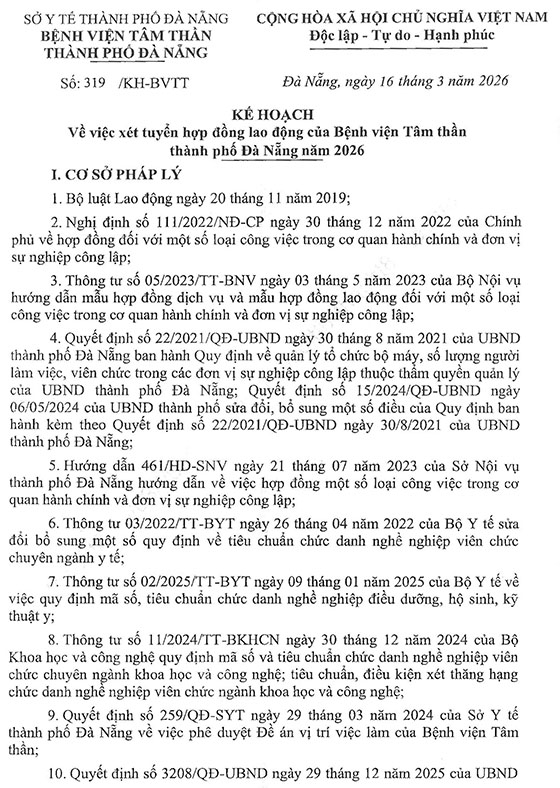 Bệnh viện Tâm thần TP. Đà Nẵng tuyển dụng HĐLĐ năm 2026
