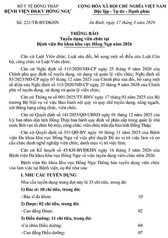Bệnh viện Đa khoa khu vực Hồng Ngự, Đồng Tháp tuyển dụng viên chức năm 2026