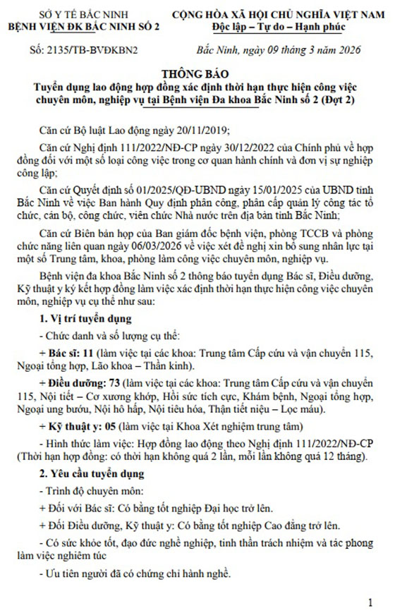 Bệnh viện đa khoa Bắc Ninh số 2 tuyển dụng Bác sĩ, Điều dưỡng, Kỹ thuật y