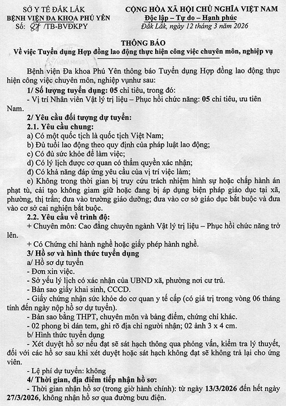 Bệnh viện Đa khoa Phú Yên, Đắk Lắk tuyển dụng Hợp đồng lao động