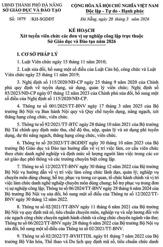 Sở GD&ĐT TP. Đà Nẵng tuyển dụng viên chức năm 2026