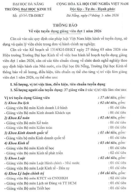 Trường Đại học Kinh tế, Đại học Đà Nẵng tuyển dụng giảng viên đợt 1 năm 2026