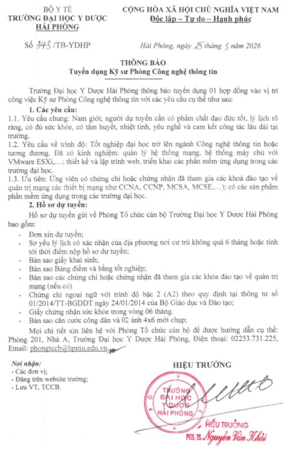 Trường Đại học Y Dược Hải Phòng tuyển dụng hợp đồng Kỹ sư Phòng Công nghệ thông tin