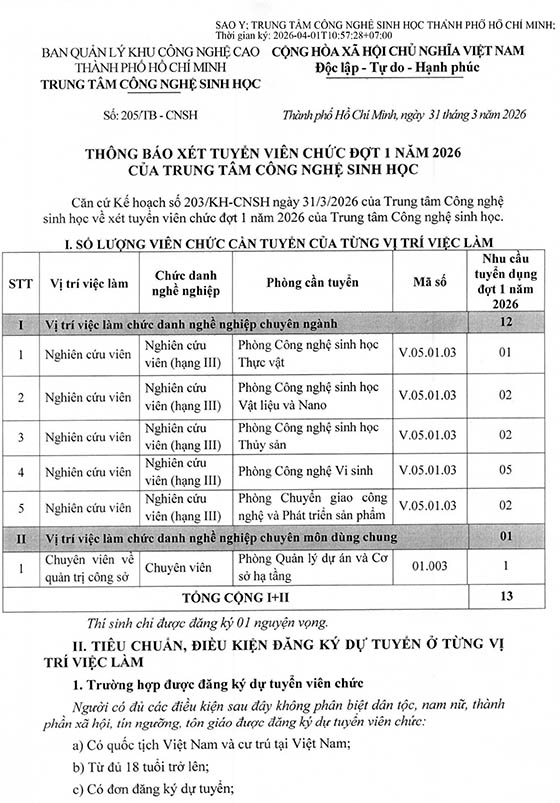 Trung tâm Công nghệ sinh học TP. HCM tuyển dụng viên chức đợt 1 năm 2026