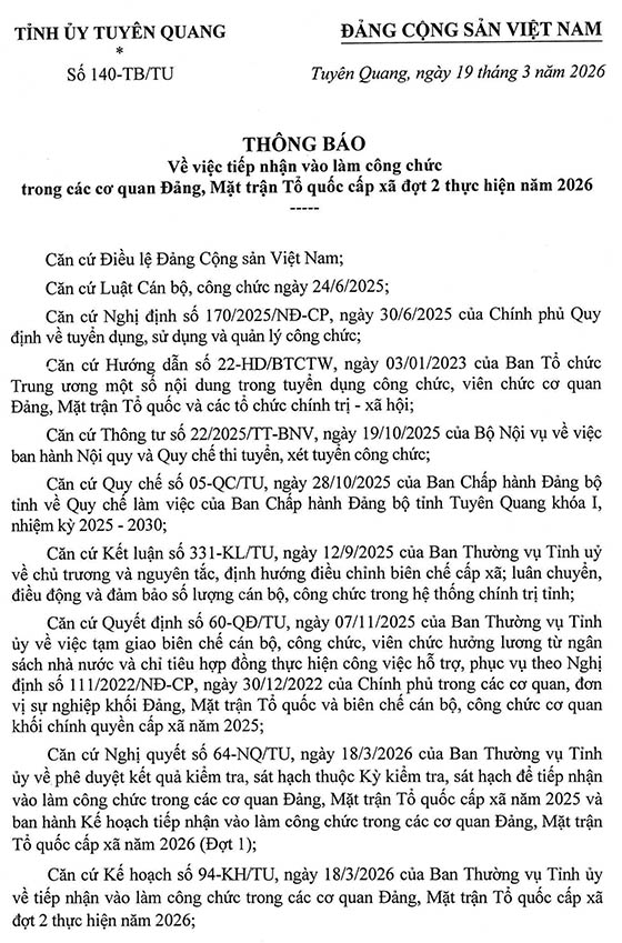 Mặt trận Tổ quốc cấp xã tỉnh Tuyên Quang tiếp nhận vào làm công chức đợt 2 năm 2026