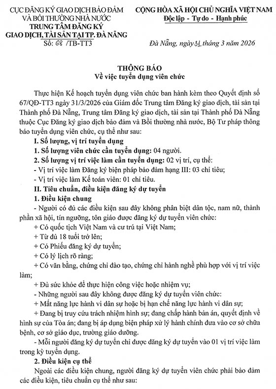 Trung tâm Đăng ký giao dịch, tài sản tại TP. Đà Nẵng tuyển dụng viên chức