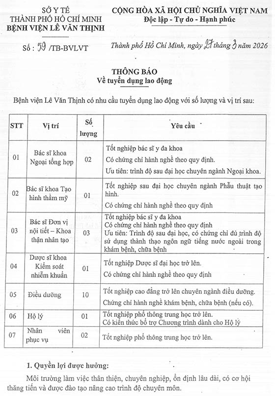 Bệnh viện Lê Văn Thịnh, TP. HCM tuyển dụng lao động