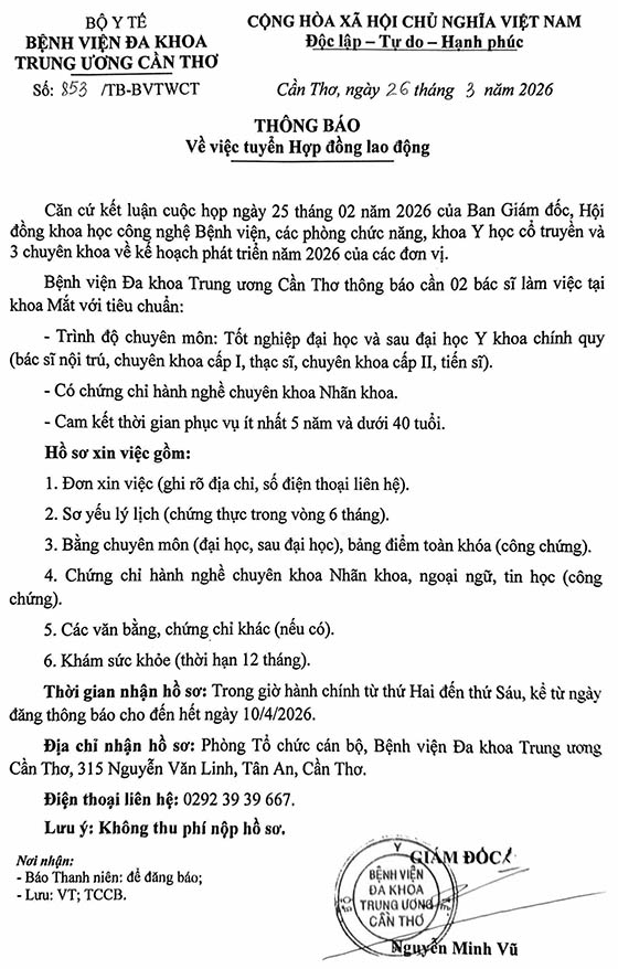 Bệnh viện Đa khoa Trung ương Cần Thơ tuyển dụng bác sĩ