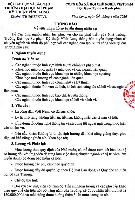 Trường Đại học Sư phạm Kỹ thuật Vĩnh Long tuyển dụng nhân sự tháng 4/2026