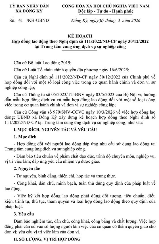 UBND xã Đồng Kỳ, Bắc Ninh tuyển dụng LĐHĐ tại Trung tâm cung ứng dịch vụ sự nghiệp công