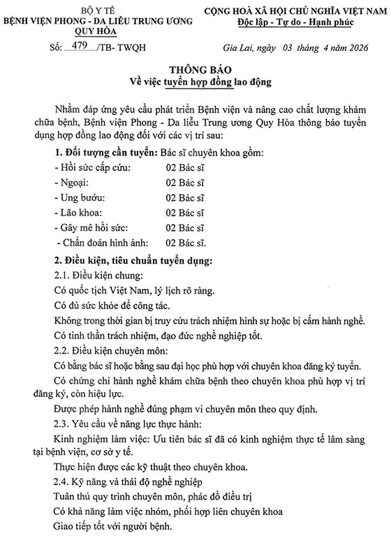 Bệnh viện Phong – Da liễu Trung ương Quy Hòa, Gia Lai tuyển dụng hợp đồng lao động