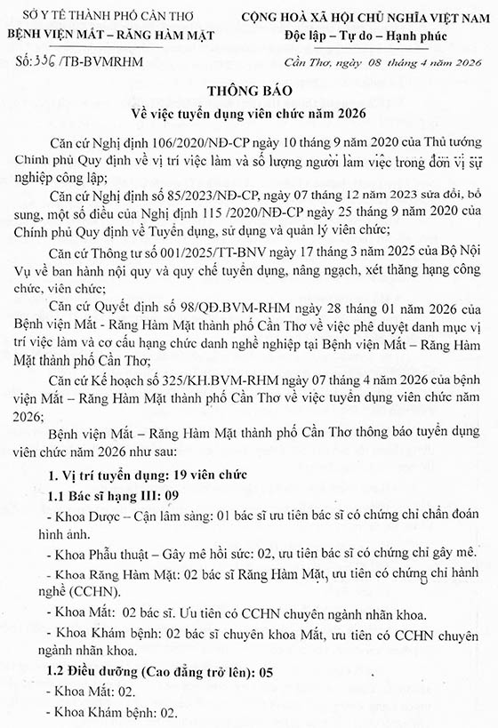 Bệnh viện Mắt – Răng Hàm Mặt TP Cần Thơ tuyển dụng viên chức năm 2026