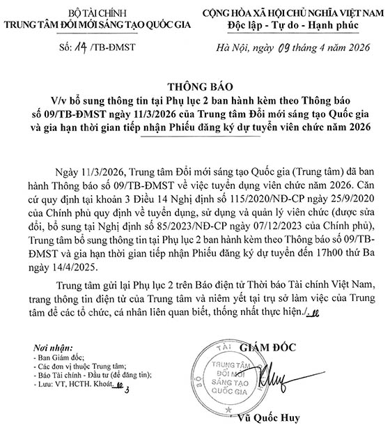 Trung tâm Đổi mới sáng tạo Quốc gia thông báo bổ sung thông tin tại PL2 ban hành kèm theo Thông báo số 09/TB ĐMST