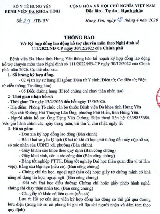 Bệnh viện Đa khoa tỉnh Hưng Yên tuyển dụng hợp đồng lao động năm 2026