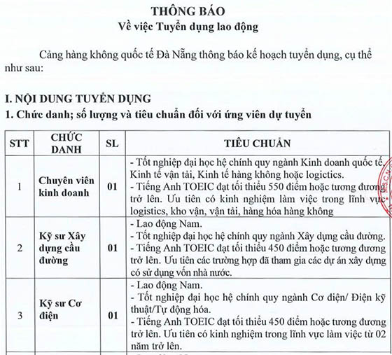 Cảng hàng không quốc tế Đà Nẵng tuyển dụng nhân sự năm 2026