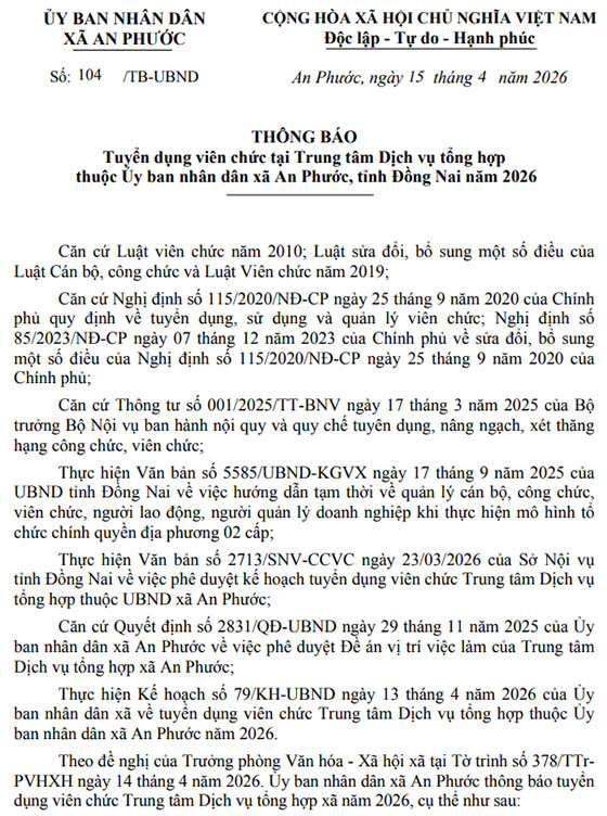 Trung tâm Dịch vụ tổng hợp xã An Phước, tỉnh Đồng Nai tuyển dụng viên chức năm 2026