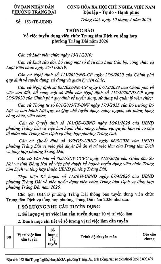 Trung tâm Dịch vụ tổng hợp phường Trảng Dài, Đồng Nai tuyển dụng viên chức năm 2026